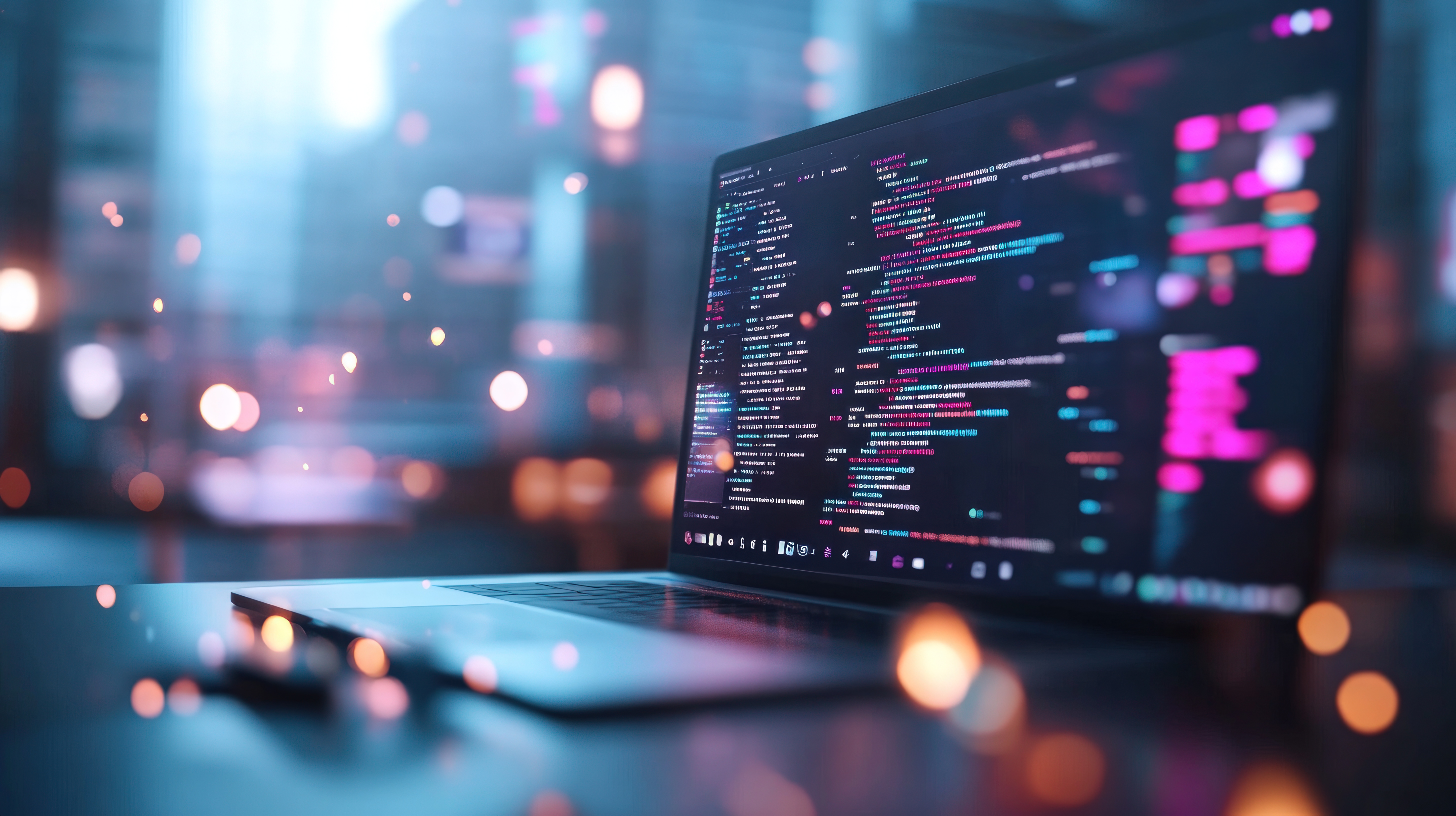 Laptop screen showing code editor windows, on a desk at night with a city skyline in the background